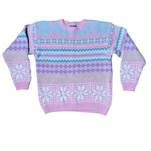 Vintage Jennifer Moore Pastel Sweater Winter Large Cotton Snowflakes